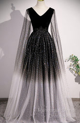 Black Shiny Tulle Gradient Tulle V-Neckline Party Dress, Black Tulle Semi Formal Prom Dress